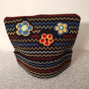 Child's Black Knit Hat with Flowers and Stripes Size 4-6X